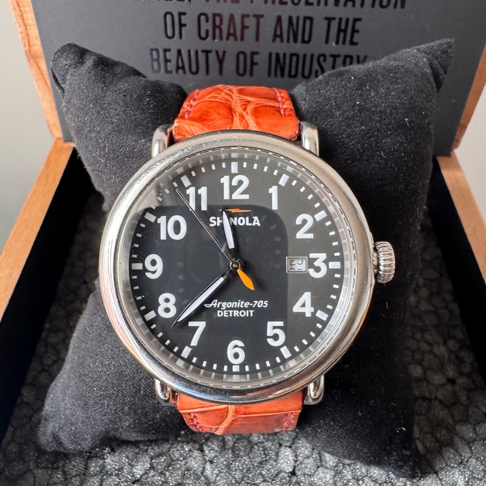 Shinola Silver Case Watch with Black Dial and Orange Strap